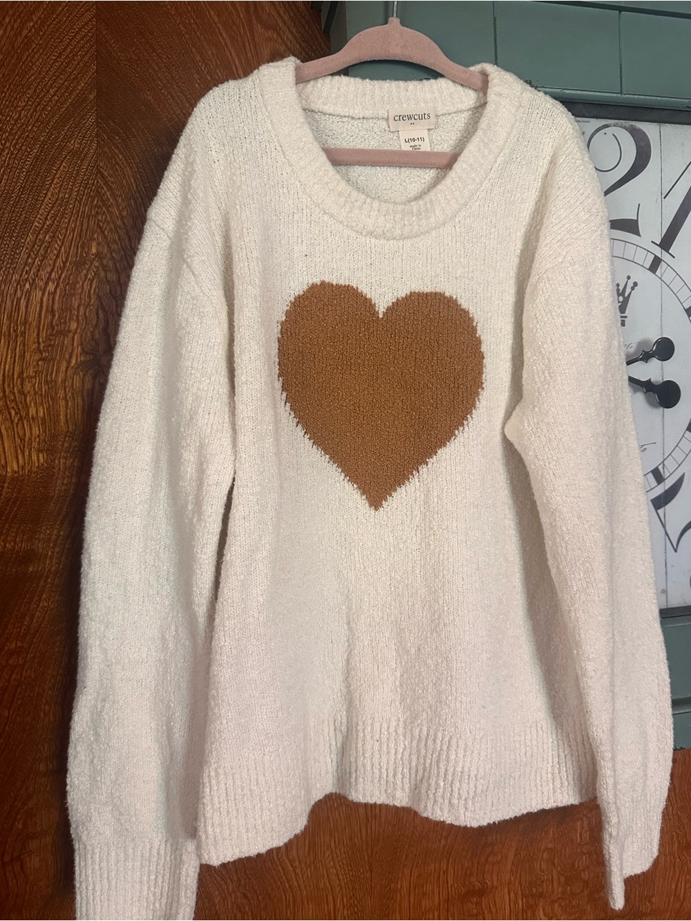 Crewcuts Cream Sweater with Brown Heart Chenille Pullover